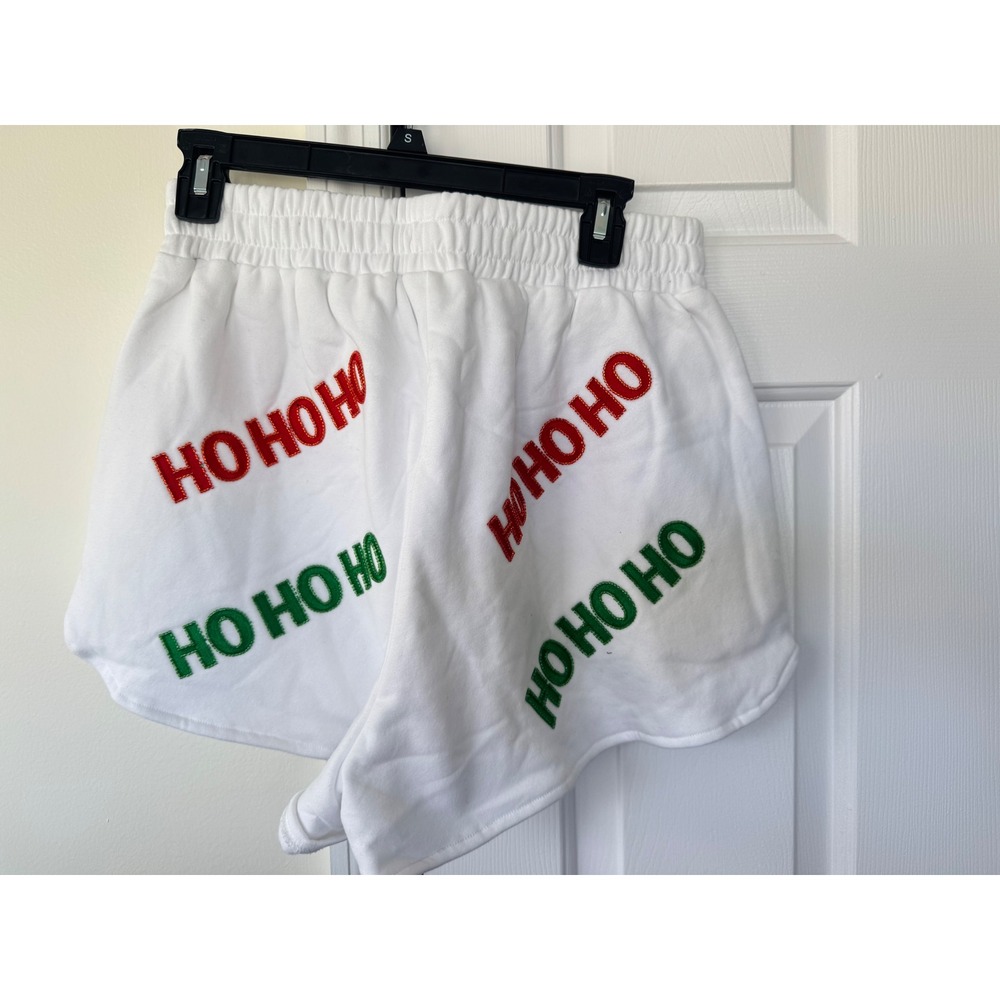 Queen of Sparkles White Ho Ho Ho Christmas Shorts Sequin Chenille Patch Womens M - Picture 3 of 4